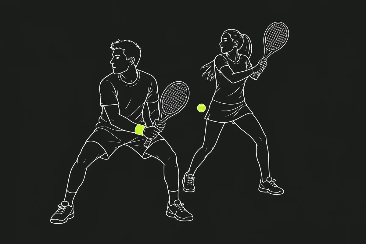 Line drawing of two tennis players mid-rally with conventional oval, strung rackets.