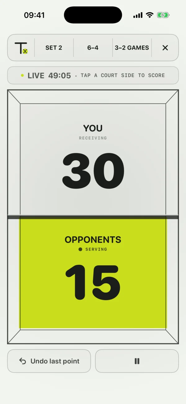 The Tennismatic scoreboard mid-match: set 1, both pairs on 40, your half of the court filled lime and marked serving, with an undo button beneath.