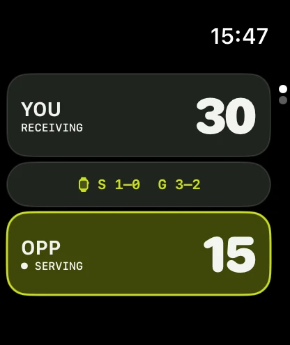 The Tennismatic watch app at deuce with a no-ad deciding-point banner and serving side highlighted.